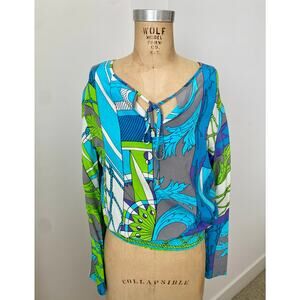 Hale Bob Geometric Print Silk Blouse in Blue & Green size S